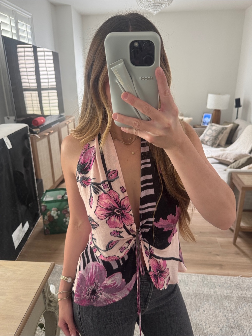 Free People Pink & Black Floral-Stripe Halter top